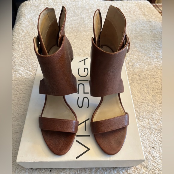 Via Spiga Adra Block Heeled Sandals Size 8.5 Russet Brown Open Toe Leather - Picture 1 of 12